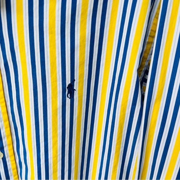 RALPH LAUREN VINTAGE HONG KONG NAVY YELLOW STRIPED BUTTON DOWN SHIRT SZ MEDIUM - Picture 2 of 5